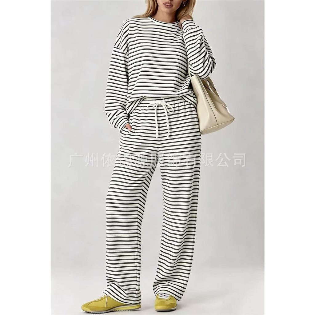 Women Striped 2 Piece Outfit Long Sleeve Crew Neck Top And Drawstring Wide Leg Pants Set Casual Loungewear Pajama Suit