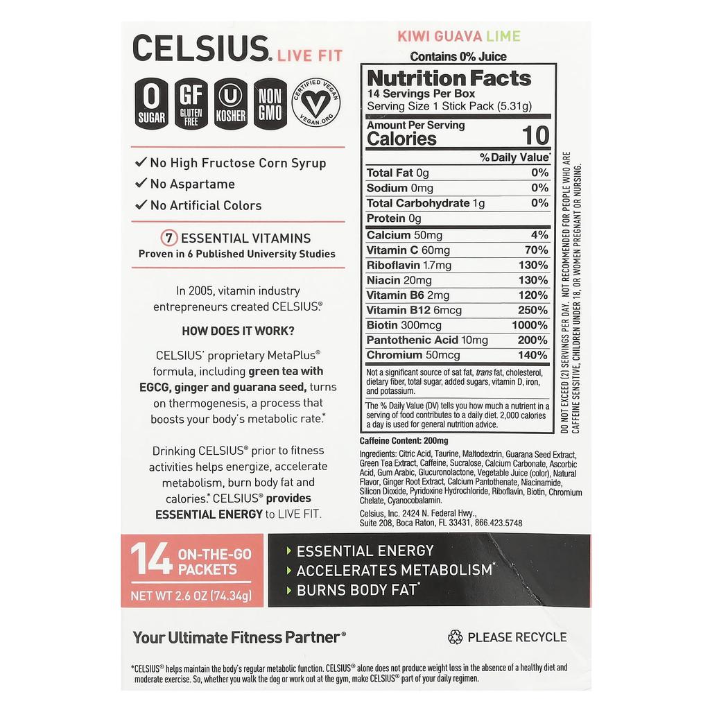 Celsius, Live Fit, Kiwi Guava Lime, 14 packs, 0.19 oz (5.31 g) each