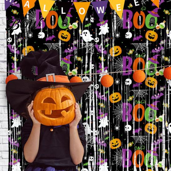 Holiday Party Backdrop Foil Fringe Curtain for Halloween, Orange Purple Black Background Spooky Decor Photo Booth Props, Pumpkin Ghost Bat Halloween