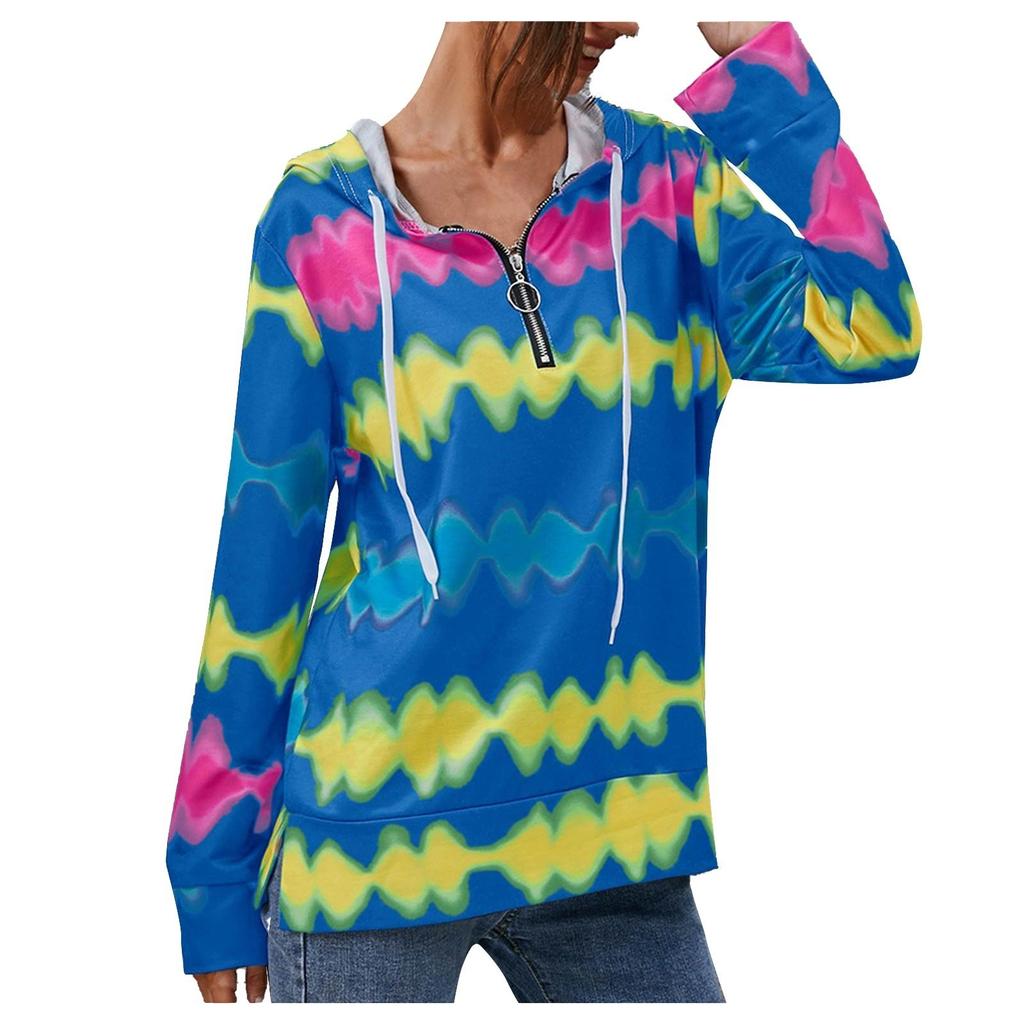Women's Fashion Wave Printed Striped Drawstring Hooded Casual Sweatshirt Top