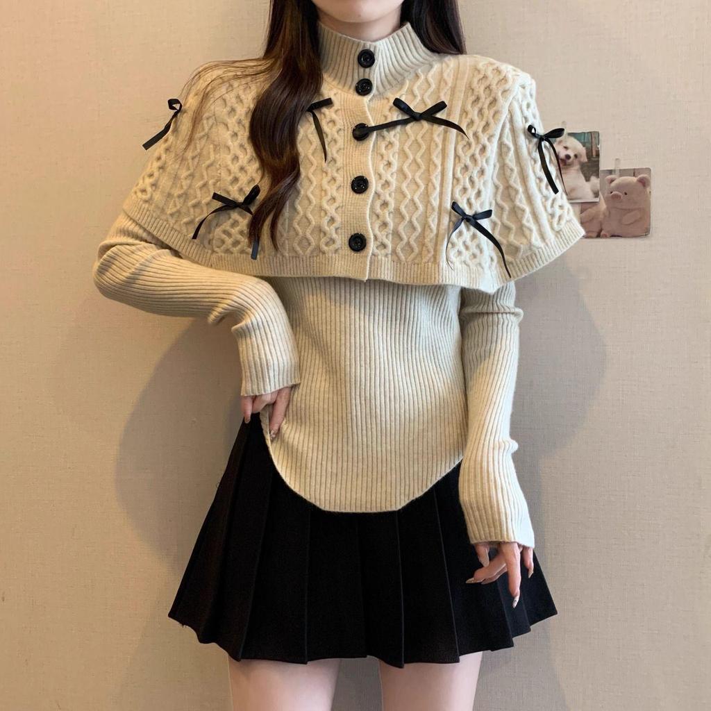 Женский рождественский красный вязаный свитер: Полувысокий воротник, накидка-шаль с длинным рукавом на осень 2025 года