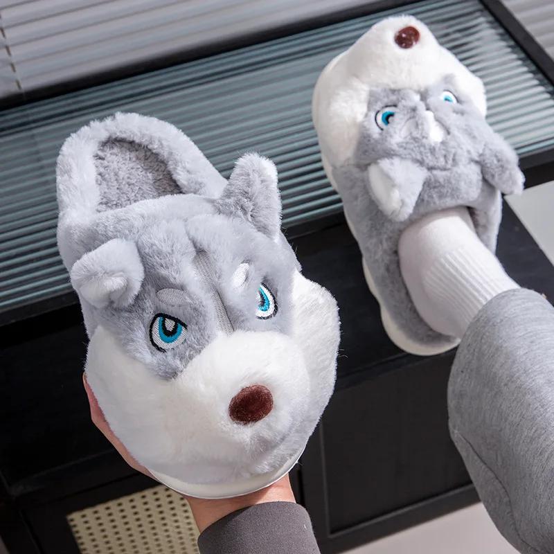 Fashion Women Indoor Cotton Slippers Cute Cartoon Dog Winter Warm Shoes Couples Home Floor Slides Anti-slip Female Male House Footwear