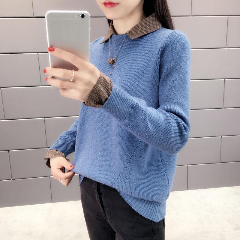 Свитер женский новый осенне-зимний свободный свитер весна корейский студенческий поддельный двухсекционный воротник-рубашка вязаный свитер