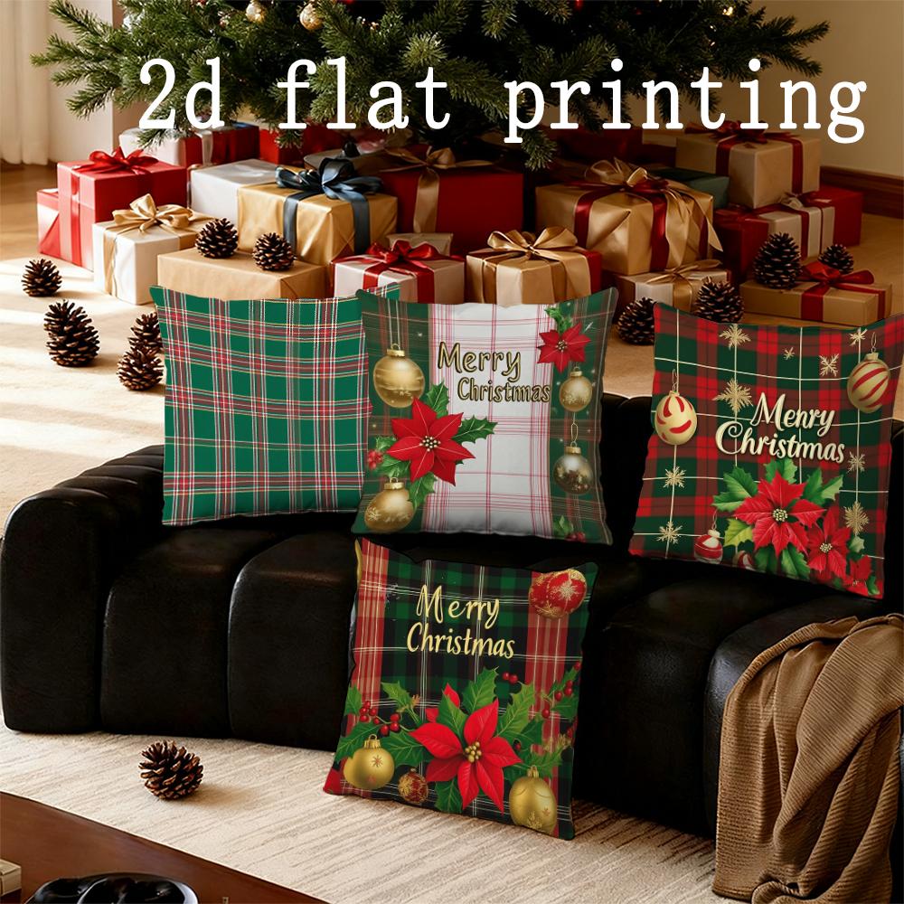 Home Decor Christmas Plaid & Poinsettia Merry Pillow Covers Pattern Cushion Cover Suitable for Sofa Bedroom Car Pillow Cover