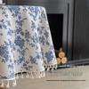 Nordic Cotton Linen Round Tablecloth - Advanced Blue Floral Design, Retro Pastoral Style for Dining and Photo Backgrounds