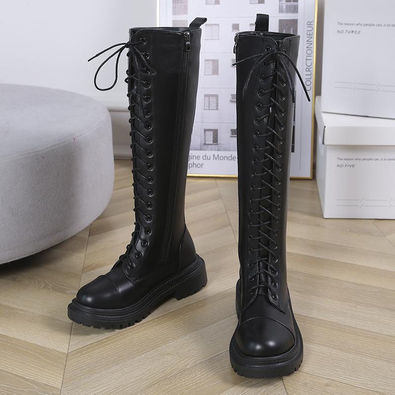 Женская обувь 2024 г., модные женские сапоги до колена, классические современные ботинки, женские туфли на низком каблуке со шнуровкой по бокам и круглым носком