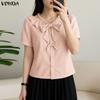 Women Lapel Neck Short Sleeve Buttons Bow Knot Casual Cropped Blouse Tops