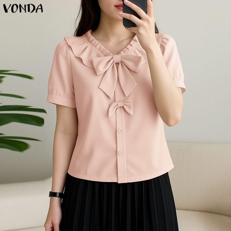 VONDA Женская блузка с лацканами, короткими рукавами, пуговицами, бантом, повседневная, укороченная