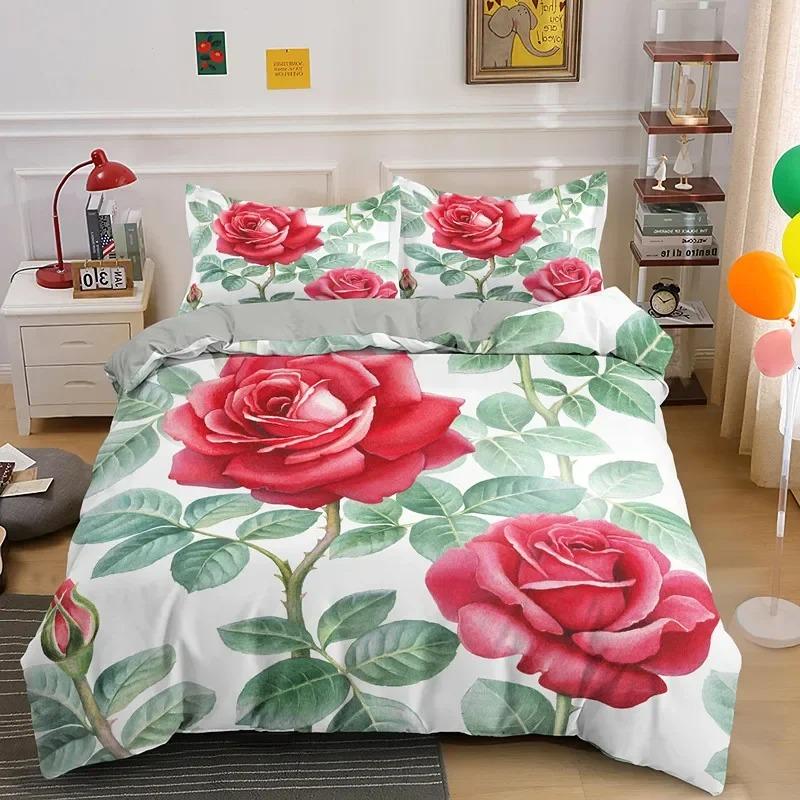 3D Rose Flower Duvet Cover Queen King Double Bedding Set Quilt Cover with Zipper Closure King Size Polyester Quilt Cover