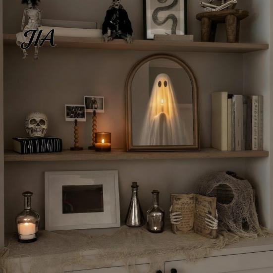 Spooky Silhouette Mirror Halloween Light Up Ghost Mirror, Holding Candle on Festival Atmosphere Decorations Indoor for Wall Table Mantel Room