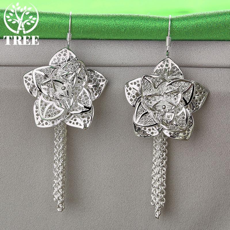 Gorgeous Jewelry 925 Sterling Silver Flower Tassel Drop Earrings Women Charm Wedding Engagement Party Gifts Classic Accessories