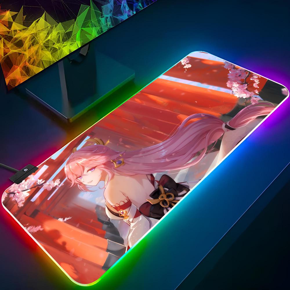 Коврик для мыши Yae Miko Genshin Impact Игровой RGB-коврик для мыши Печать на заказ Клавиатура с подсветкой Девушка-геймер XXL Коврик для ноутбука Настольные коврики Deskpad