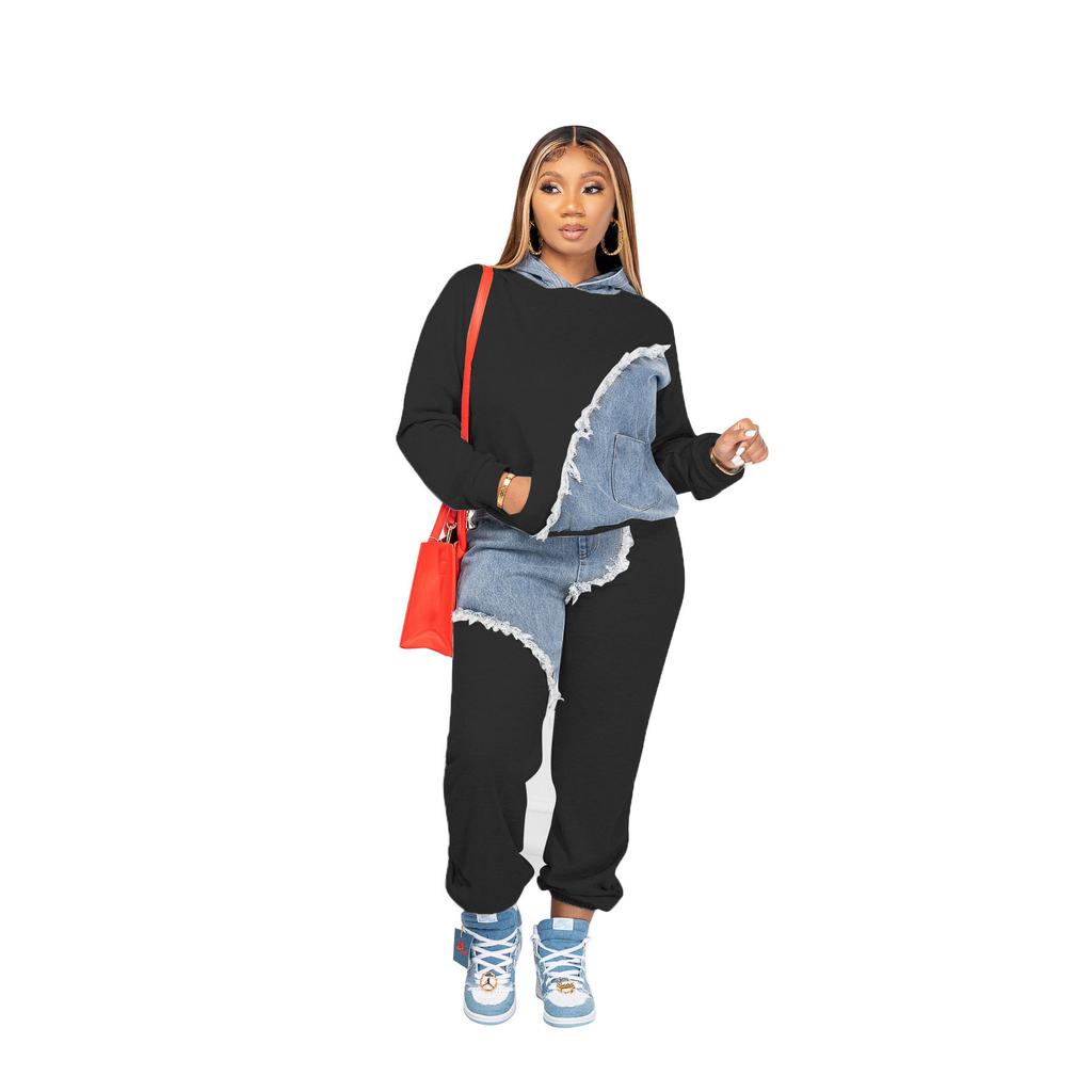 Women Two Piece Sets Tracksuit Autumn Jeans Splicing Hooded Top Sweatshirts Pocket Jogger Pants Suit Loose Female Office Lady