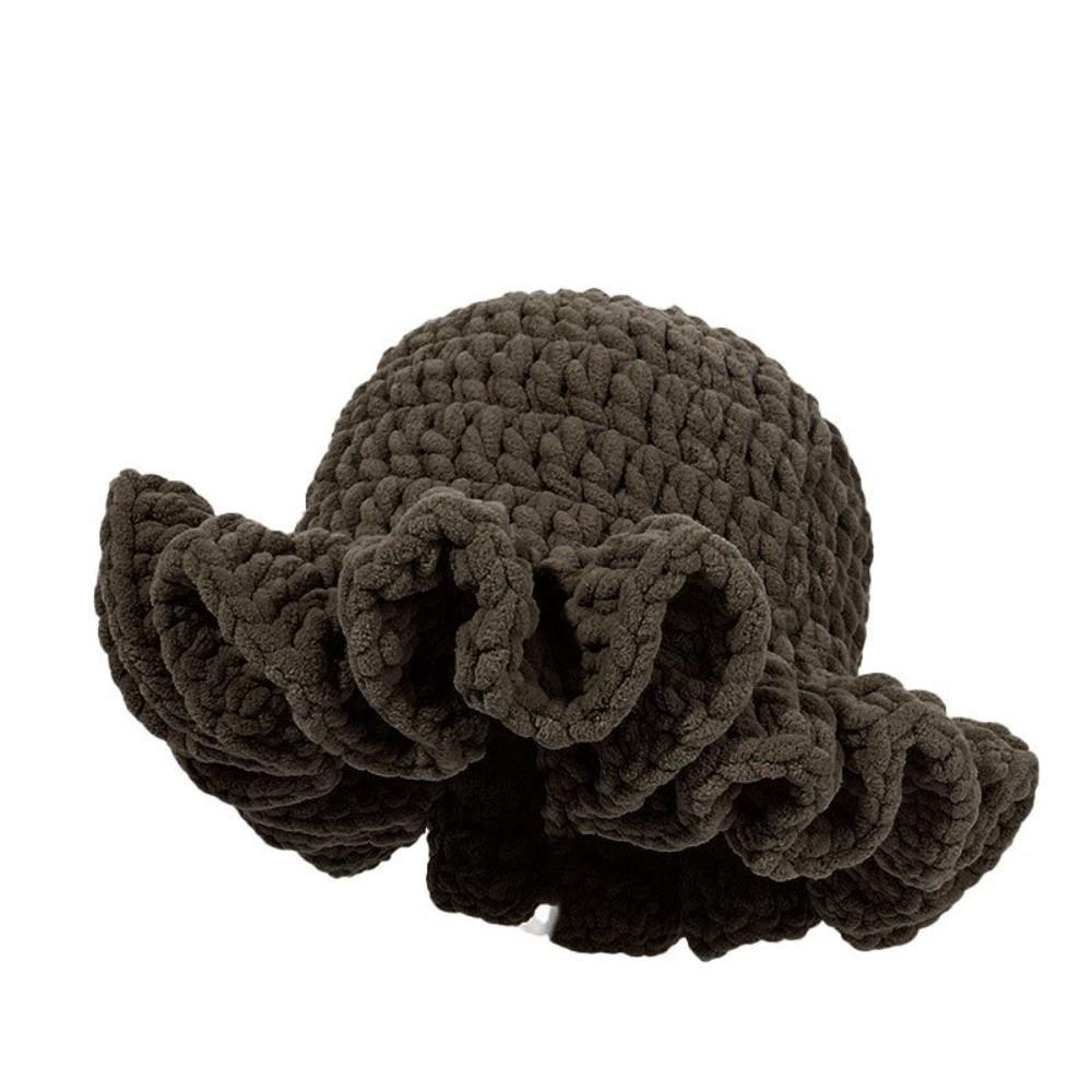 Handcrafted Knitted Beanie Cable Knit Winter Warm Bucket Hat Ruffled Edge Fisherman Hat Outdoor