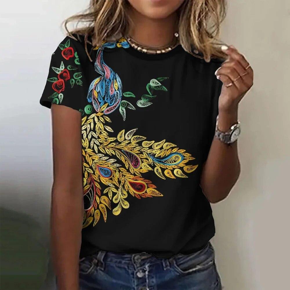 Винтажная футболка с 3D принтом перьев для женщин, женская одежда в стиле Харадзюку, повседневный пуловер с круглым вырезом, летние свободные футболки с короткими рукавами, повседневные топы