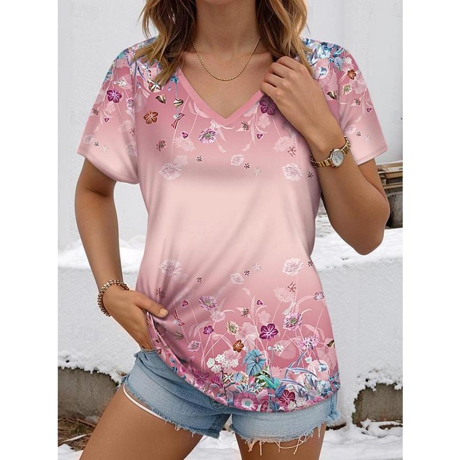 Винтажная женская футболка с цветочным принтом, с коротким рукавом, с V-образным вырезом, топы, удобные футболки