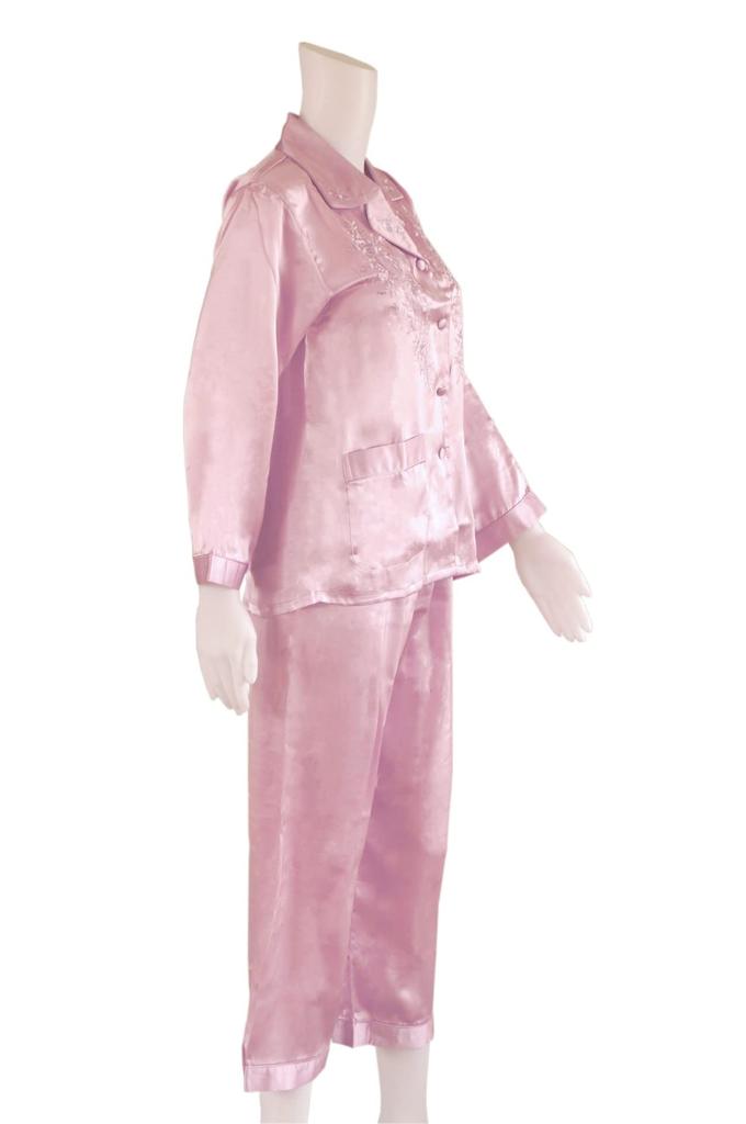 Silk Floral Long Open Top and Bottom Natural Pink 100% Women's Pajamas, Nightwear, Loungewear, Embroidered, Sleeves, Front, Set, Materials, (L)