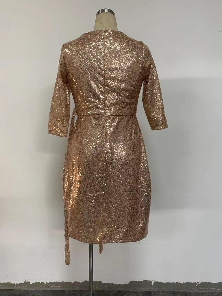 Sexy Long-Sleeve Sequin V-Neck Tie-Up Dress