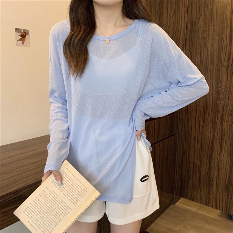 2025 Женская шикарная блузка цвета авокадо с длинными рукавами и солнцезащитным кремом с неровным разрезом