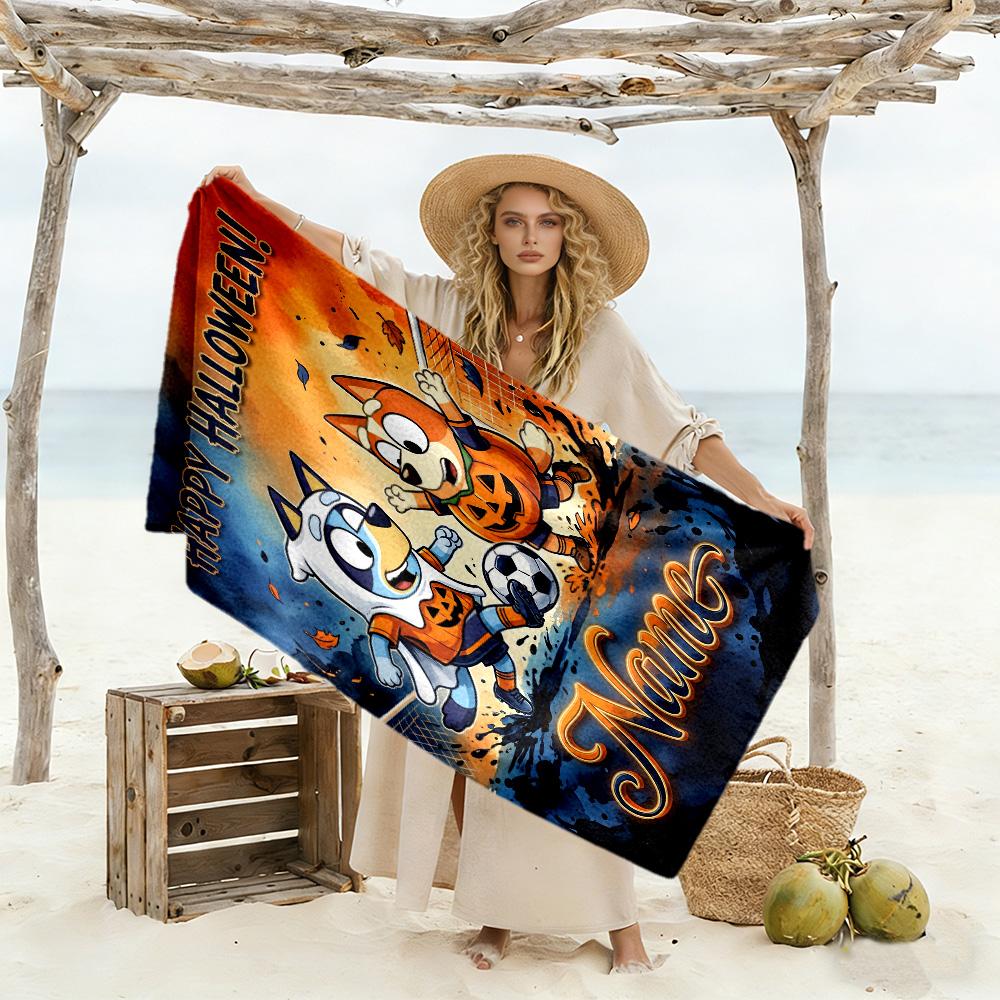 Halloween Soccer Fun Customize Text Beach Towel Super Soft & Absorbent Suitable for Swimming Gym Camping Yoga Vacation