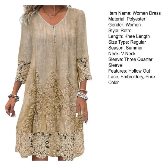 Летнее женское платье с V-образным вырезом и ажурными кружевными пуговицами с рукавами три четверти и вышивкой, сплошное цветное свободное платье длиной до колена в стиле ретро-миди