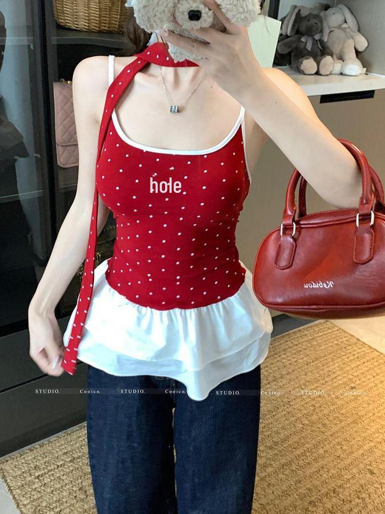 Women's Polka Dot Bow Camisole – Summer Ruffled Patchwork Top