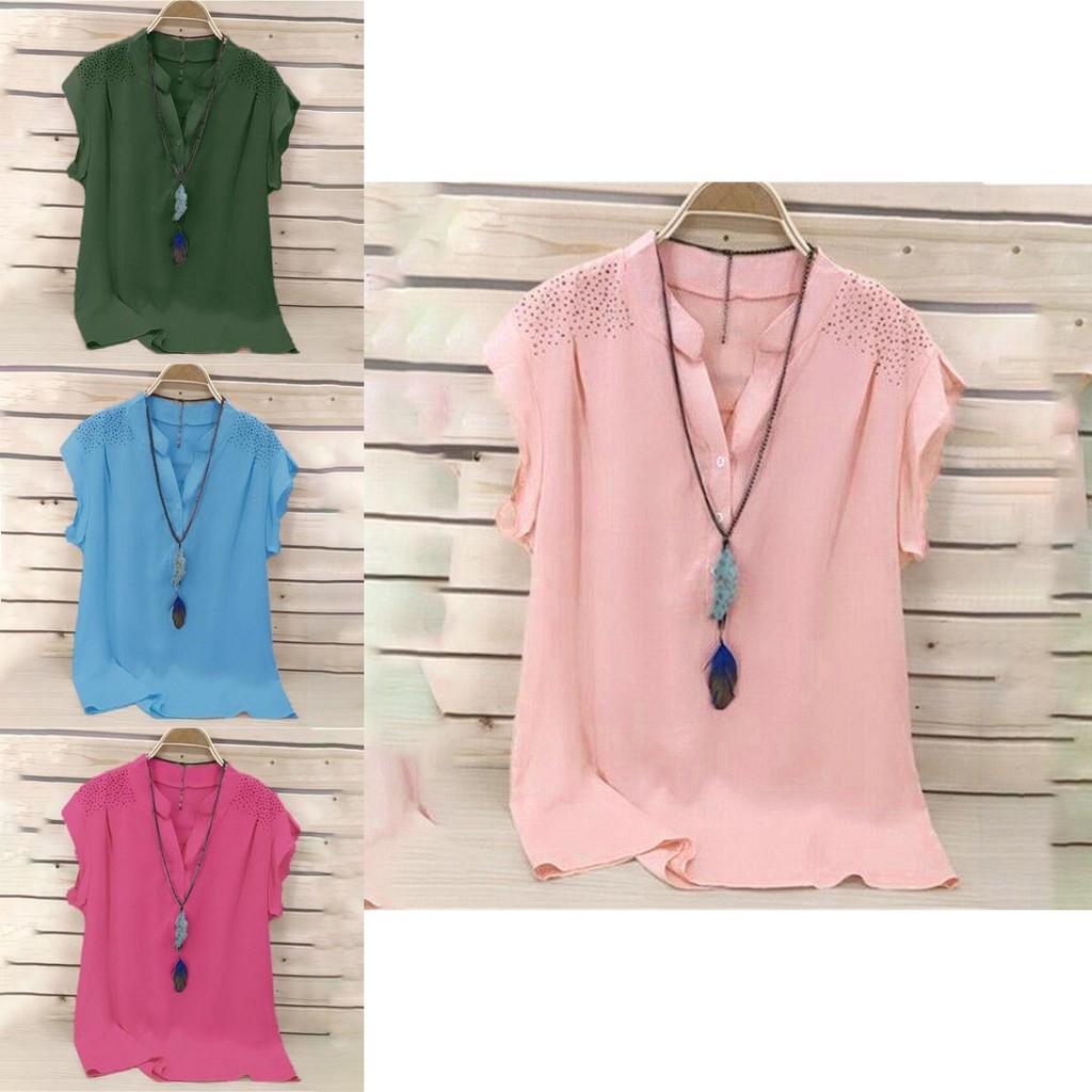 Elegant Womens Summer Button V Neck Short Sleeve T Shirt For Plus Size Ladies