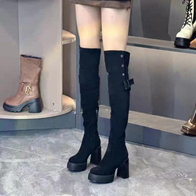 Женские 2025 Ретро Ботинки-чулки из замши с заклепками, на толстом каблуке, в стиле вестерн/ковбойские