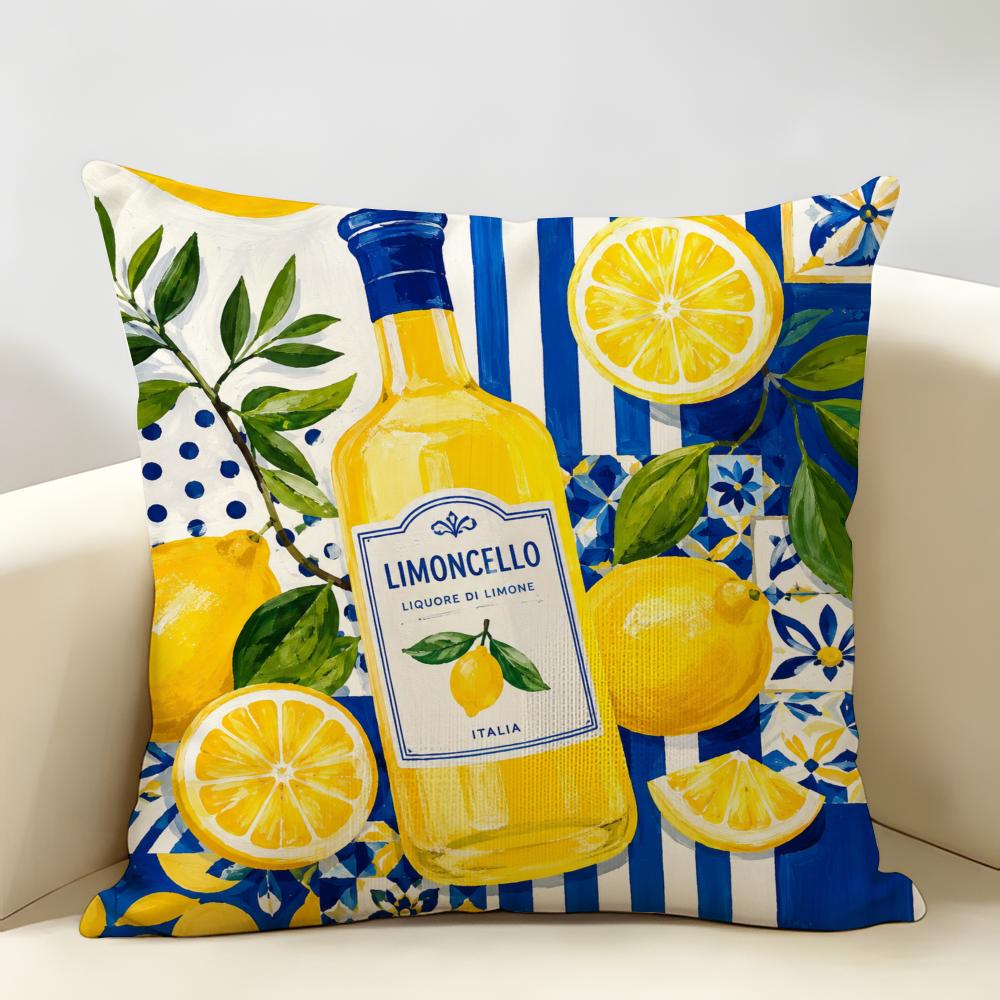 Limoncello Gouache Painting Cushion Cover Durable Hypoallergenic Organic Linen Pillow Cover Short Size Washable SkinFriendly