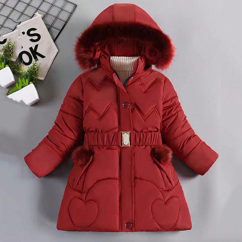 Winter Clothes Girls Medium To Long Length Coat Kids Snow Puffer Jacket Hooded Warm with Waist Belt and Pockets