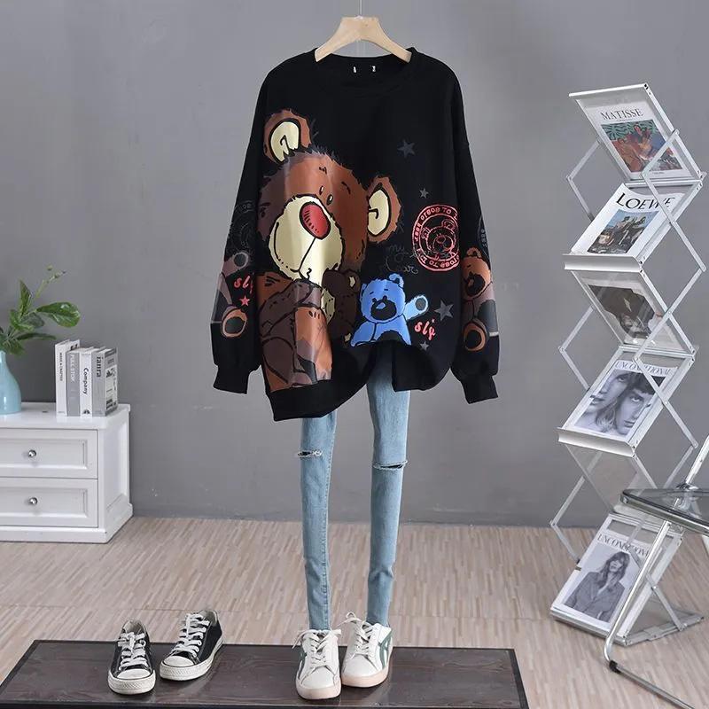 Толстовка женская осенняя, большого размера, с длинным рукавом, свободная, повседневная, топ с мультяшным медведем, повседневный свитер средней длины