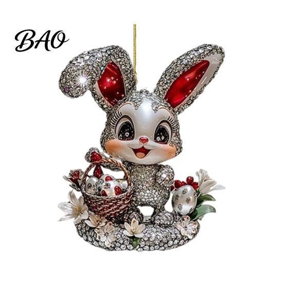 Lightweight Acrylic Rabbit Figurine Easter Bunny Pendant, Cute with Basket, 2D Car Party Favors Rearview Mirror Hanging Ornament, Bag Keychain