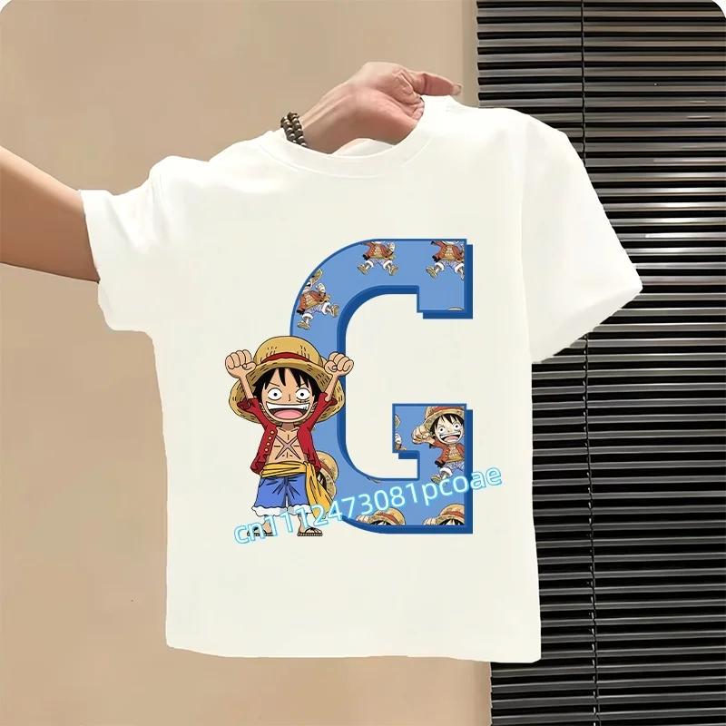 One Piece letter AZ childrens pure cotton shortsleeved boys sports shirtgirls casual top with cartoon printsummer Tshirt