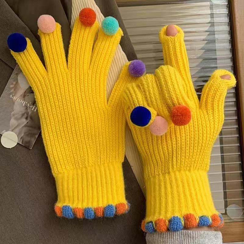 Зимние цветные вязаные перчатки для женщин Перчатки для сенсорных экранов Теплые вязаные перчатки с помпоном для улицы и дома с мягкой эластичной подкладкой для женщин