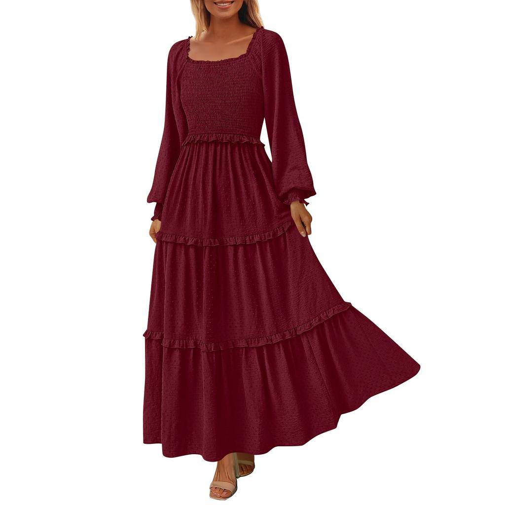 Женские повседневные платья с квадратным вырезом в горошек, многослойные, с длинным рукавом и усадочными карманами