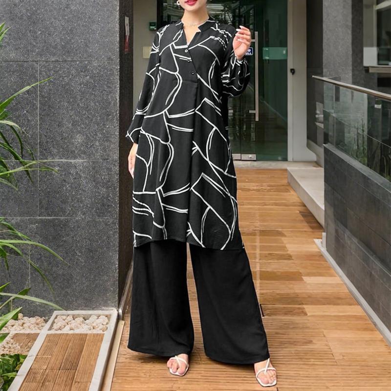 ZANZEA Women Long Sleeve Print Blouse and Pants Casual Two Piece Suit Sets