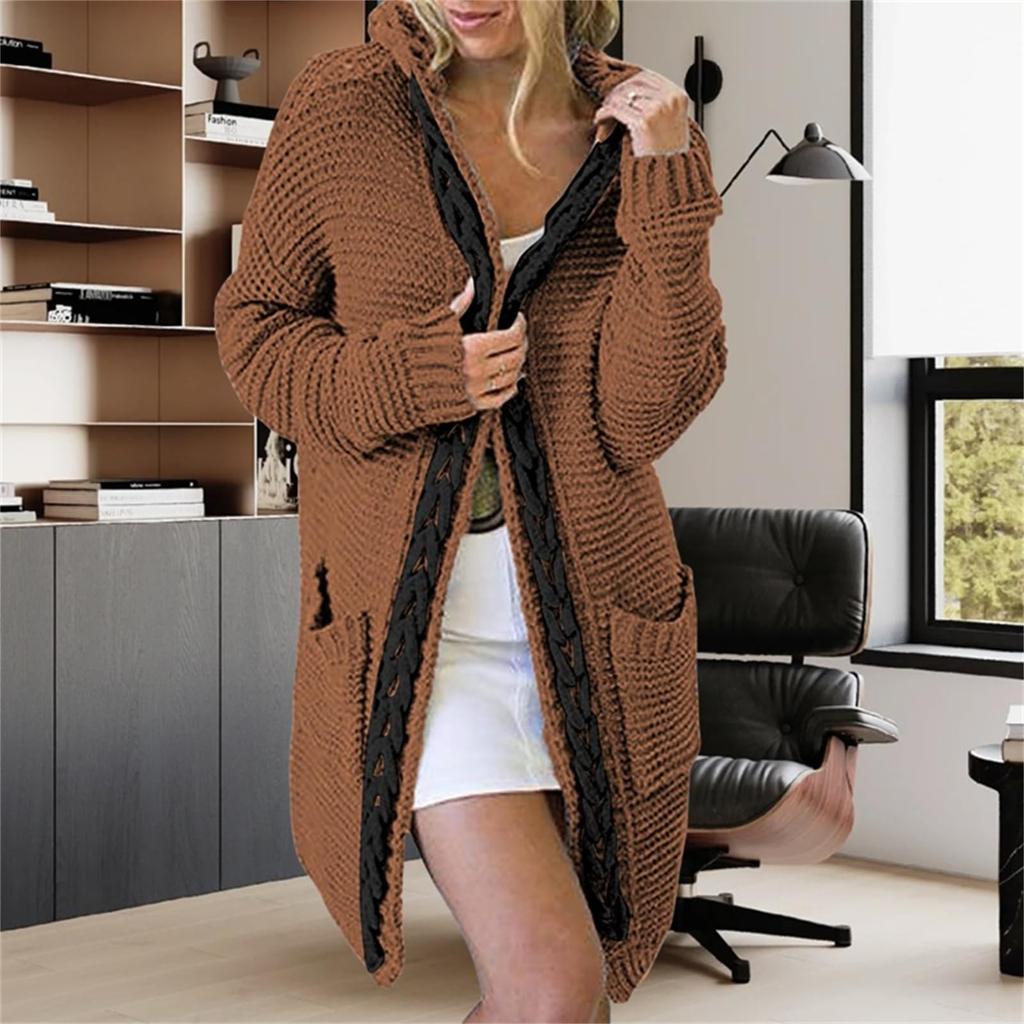 Женский осенне-зимний однотонный свободный вязаный свитер с карманом и капюшоном