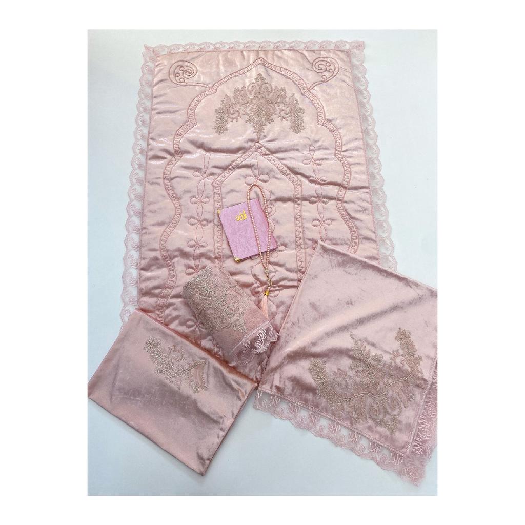 6 Piece Prayer Rug Set, Dowry Bundle Boxed, Velvet Laced Bride And Groom Set