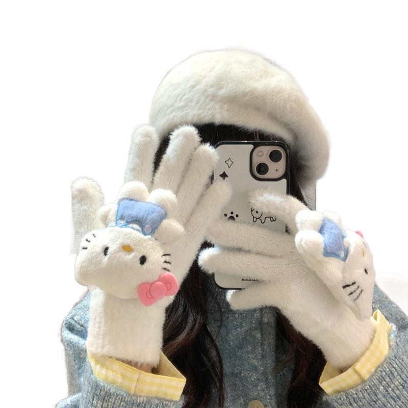 Cute cartoon plush gloves female winter warm thickened student riding touch screen split-finger gloves three-dimensional
