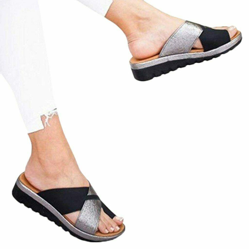 Elegant Women Shoes Sandal Comfy Platform Flat Sole Orthopedic Big Toe Foot Pu Leather