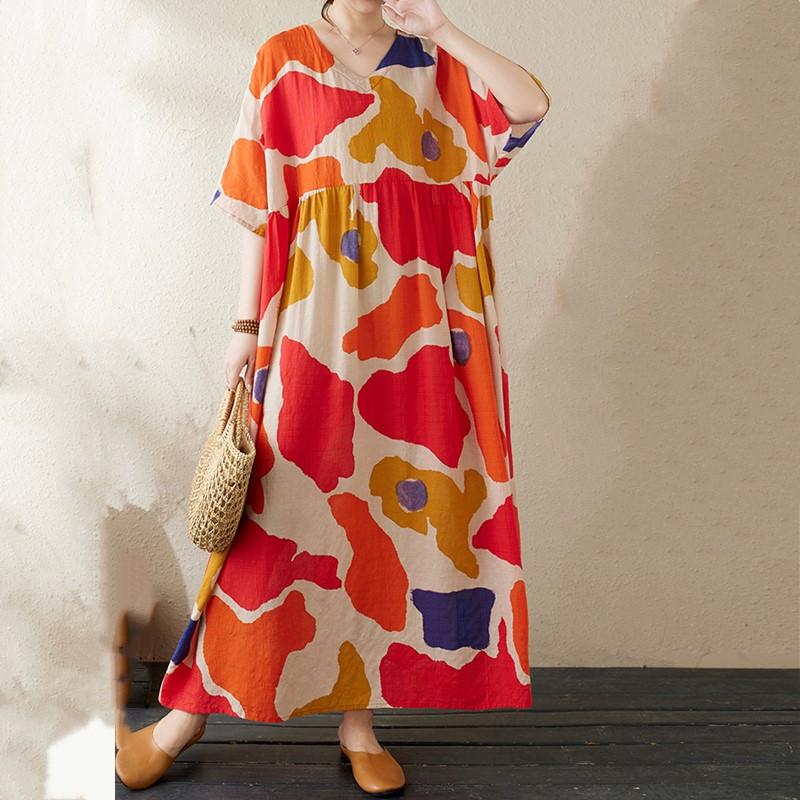 Новое хлопковое платье больших размеров с коротким рукавом и цветочным принтом для женщин, повседневное свободное длинное летнее платье