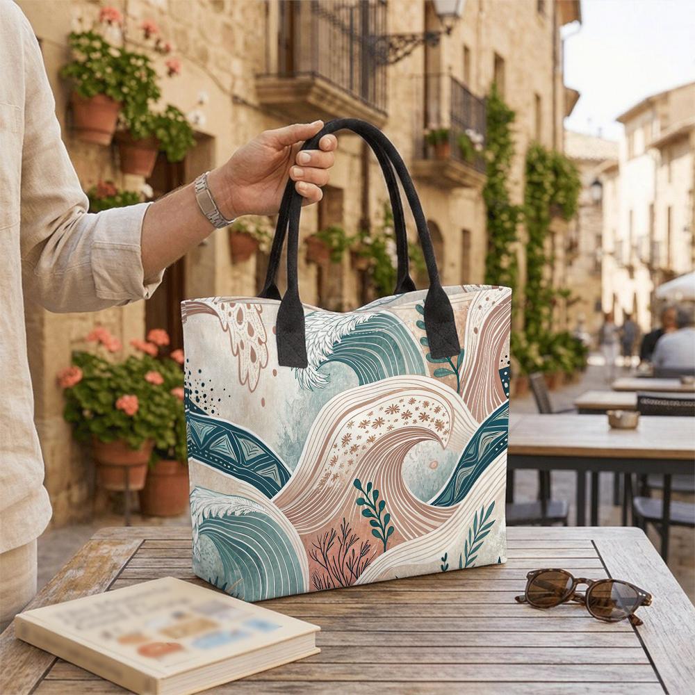 Boho Wave Printed Canvas Tote Bag Casual Large Capacity Shopping Handbag for Daily Use