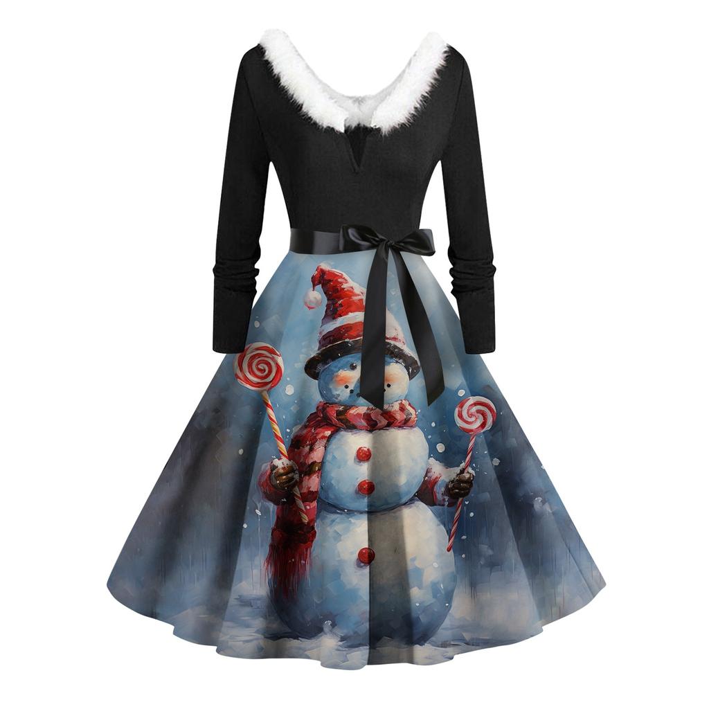 Women Vintage Long Sleeve Christmas Print 1950s Housewife Evening Party Prom Dress