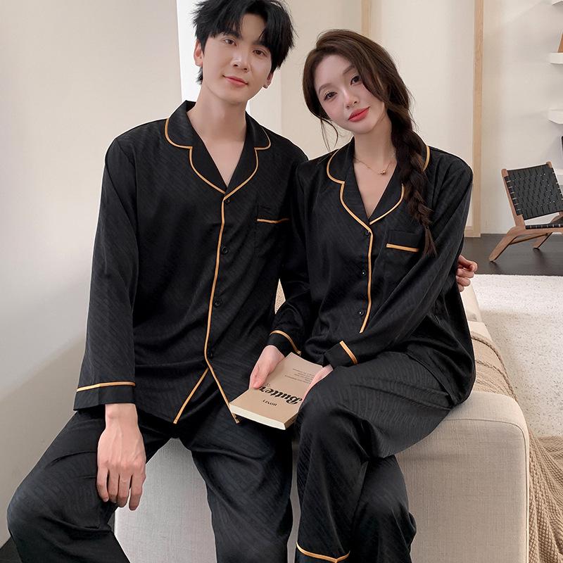 Premium Ice Silk Jacquard Couple Pajama Set - Long Sleeve, Long Pants, Plus Size, Men's & Women's Homewear