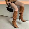 Krazing Pot Осенне-зимняя обувь из флока, женские сапоги до колена с плиссированными украшениями