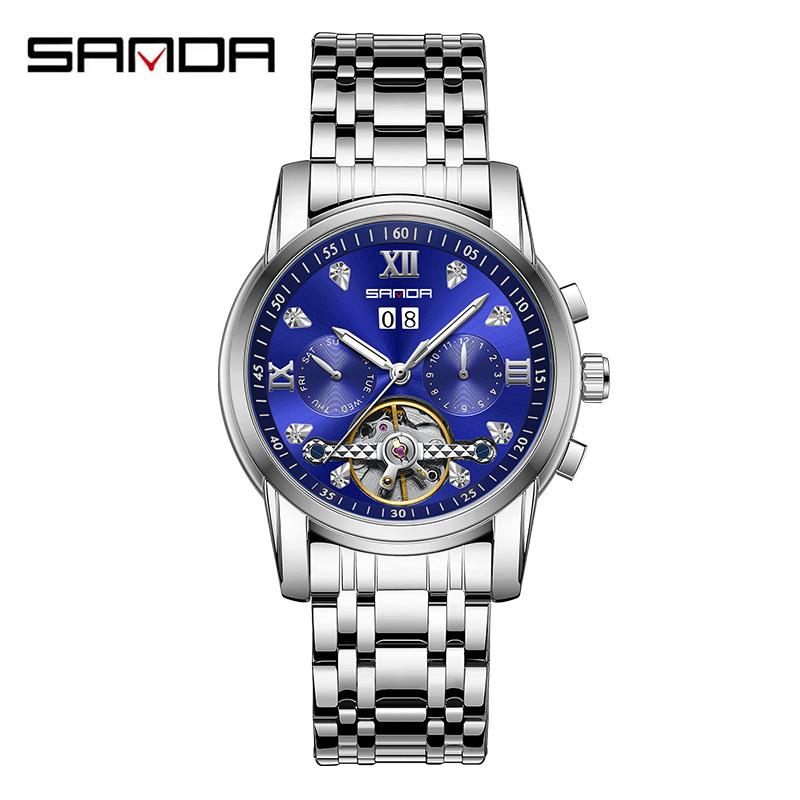 SANDA Новый продукт, мужские автоматические механические часы со стальным ремешком, кварцевые модные полые мужские часы