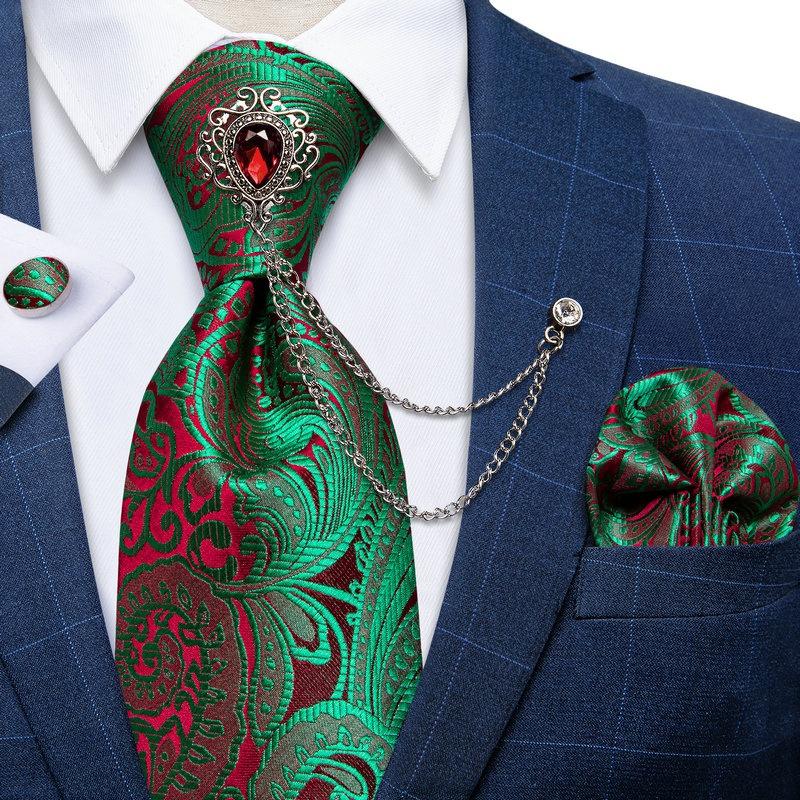 Paisley Tie for Men Necktie Silk Hanky Cufflink Set with Tie Ring Chain Brooch for Wedding Party