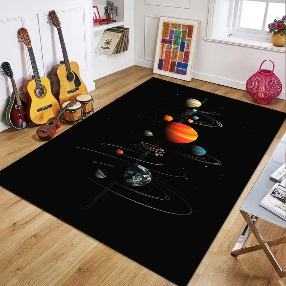 Black Background Planets with Orbits Universe Pattern Carpet Space Decor Non-Slip Soft Mat for Living Room Bedroom