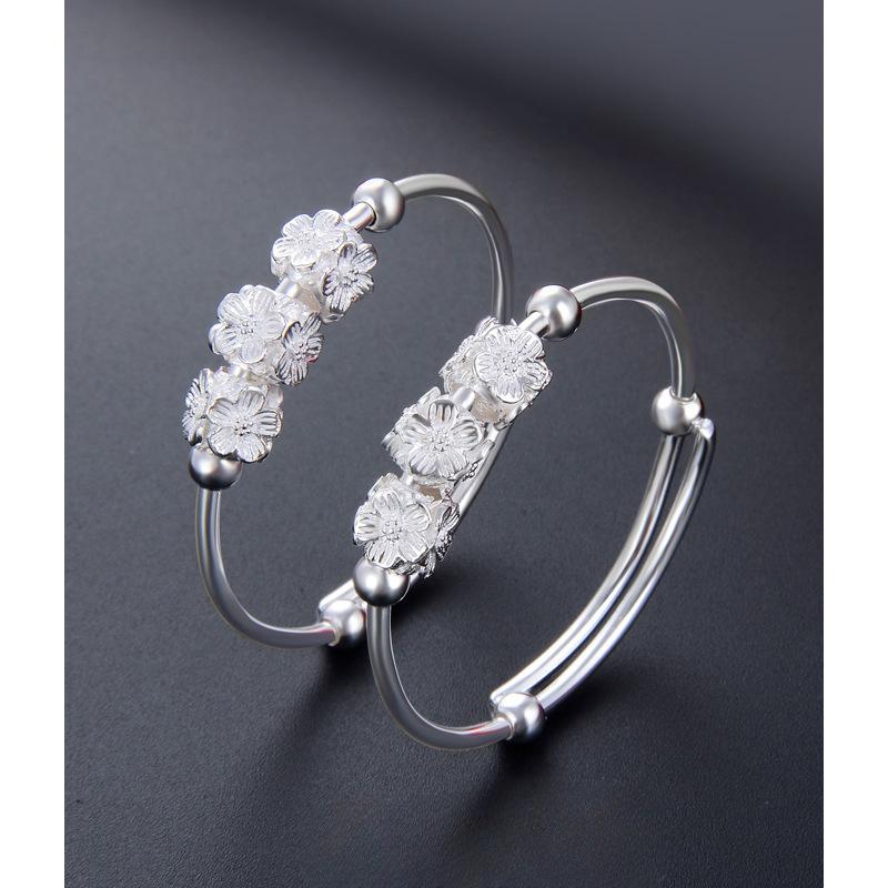 S990 Foot Silver Children's Baby Push Pull Adjustable Bracelet Women's Creative Flower Beaded Bracelet Silver Bracelet