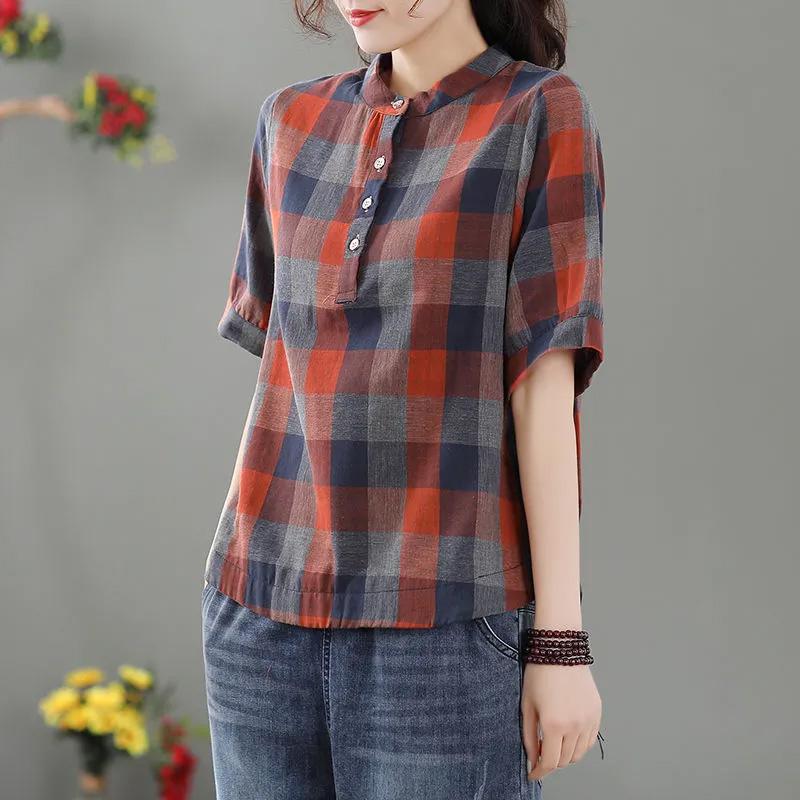 Топы женские хлопковые летние футболки больших размеров свободные винтажные клетчатые повседневные топы повседневные пуловеры футболки топы